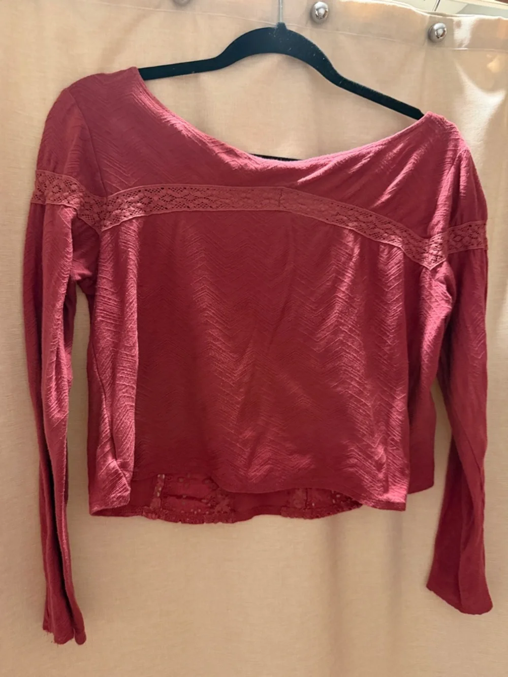 Free People Rose-Red Crochet Panel Long Sleeve Crop Top